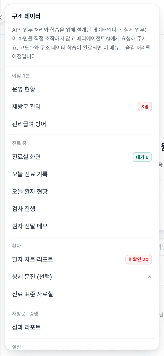 구조 데이터 목록 — 아침 1분, 진료 중, 환자, 재방문·운영, 설정 묶음